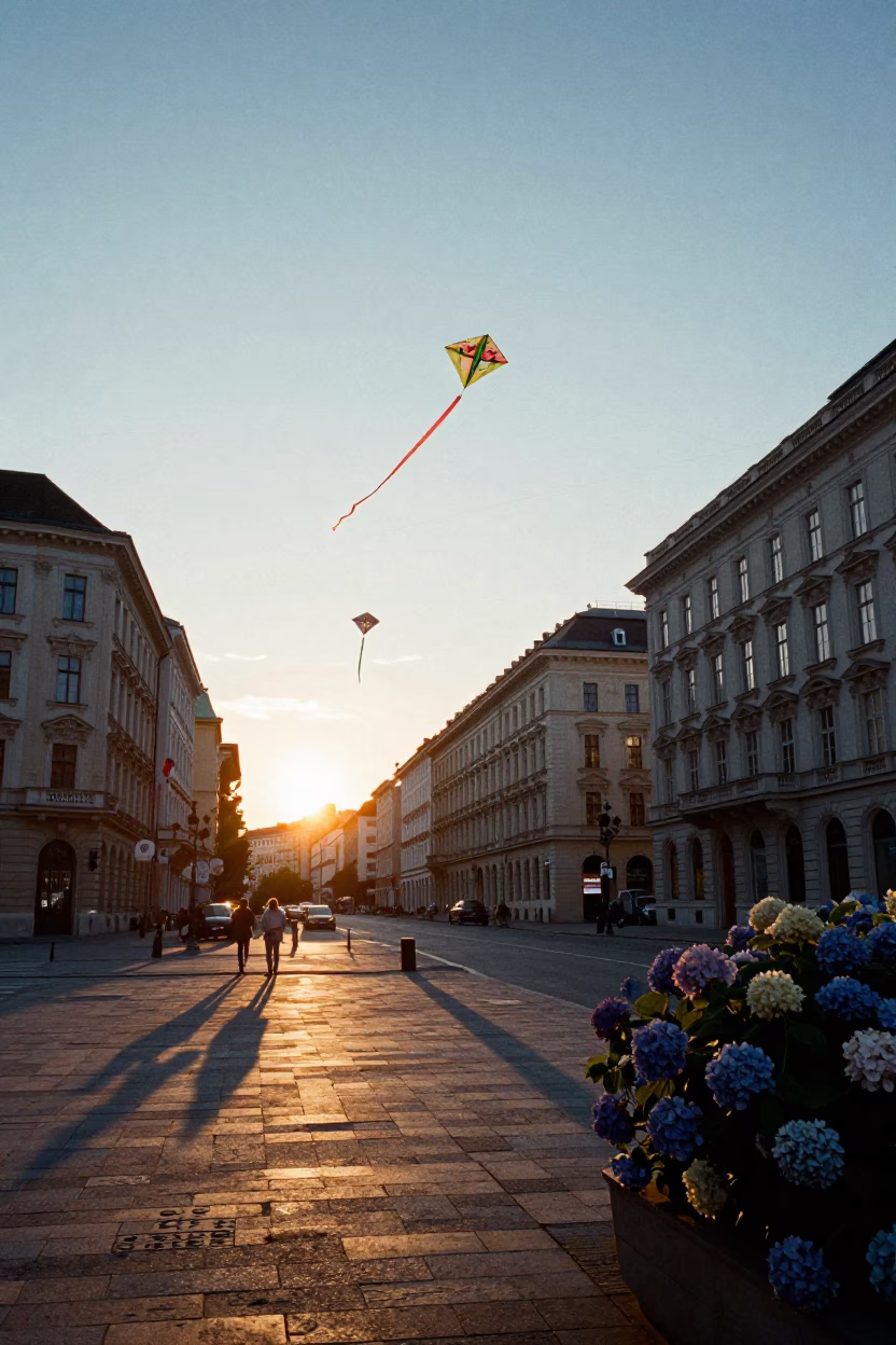 Vienna Austria Golden Hour Street Scene with Kites and Hydrangeas in in Vienna, Austria