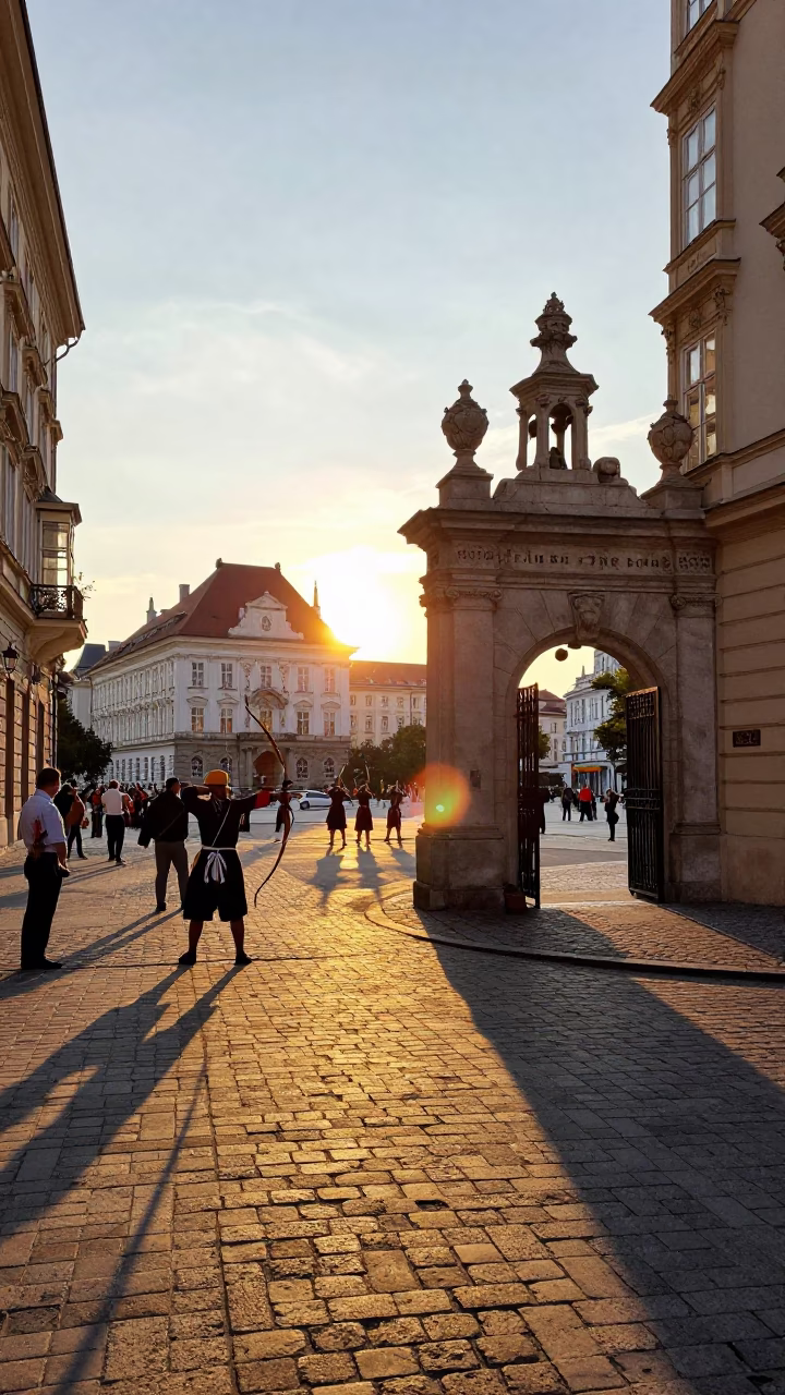 Vienna Austria Golden Hour Street Scene with Traditional Archery Contest and Historic Architecture in in Vienna, Austria