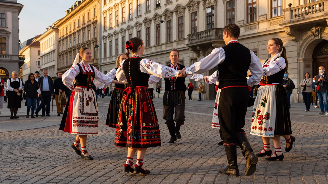 Vienna Austria Golden Hour Street Scene with Traditional Folk Dance Performance in in Vienna, Austria
