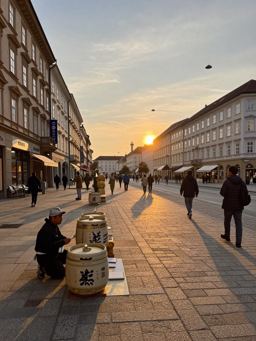 Vienna Austria Golden Hour Street Scene with Traditional Sake Barrel and Local Interaction in in Vienna, Austria
