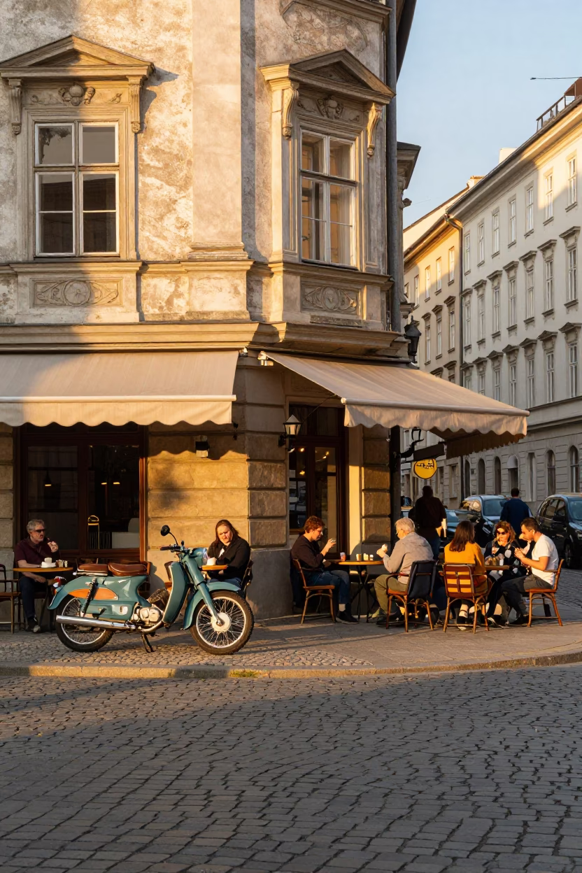 Vienna Austria Golden Hour Street Scene with Vintage 1950s Elements and Local Life in in Vienna, Austria