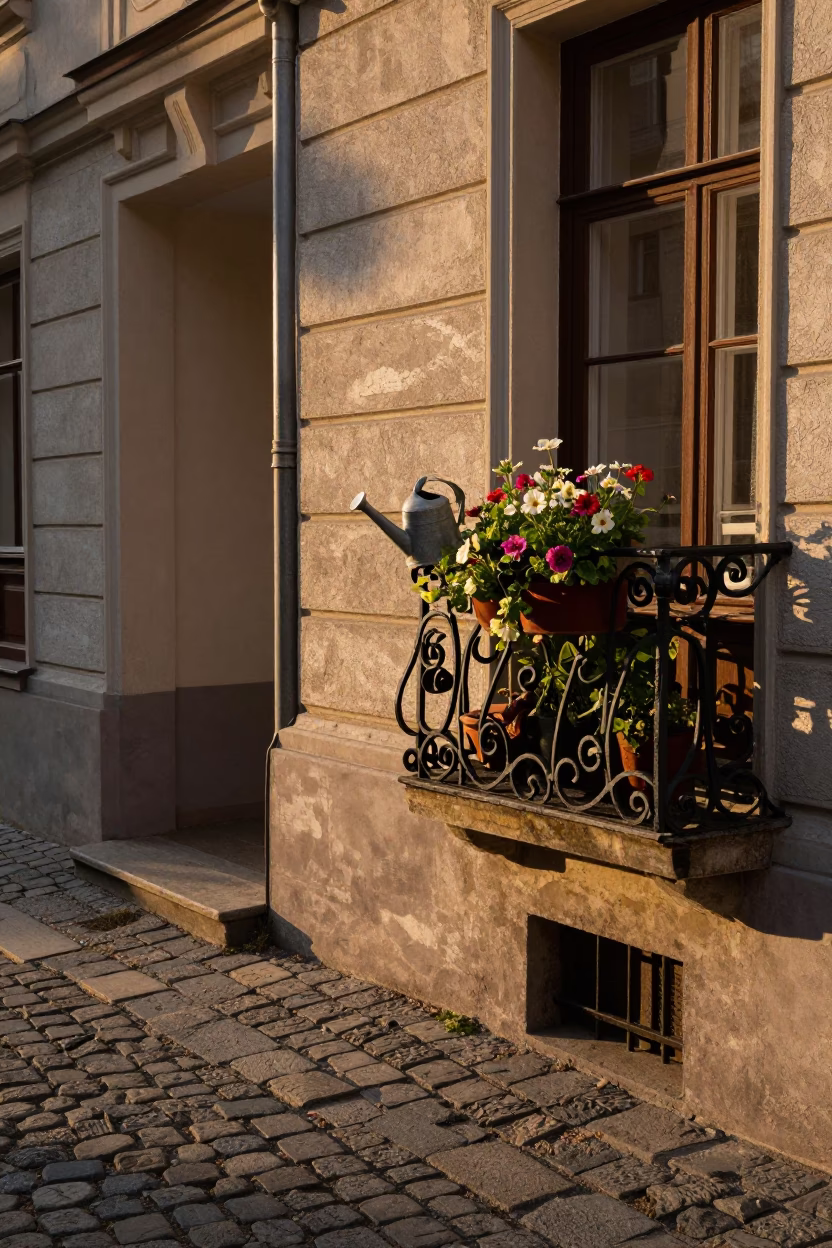 Vienna Austria Golden Hour Street Scene with Watering Can and Garden Flowers in in Vienna, Austria