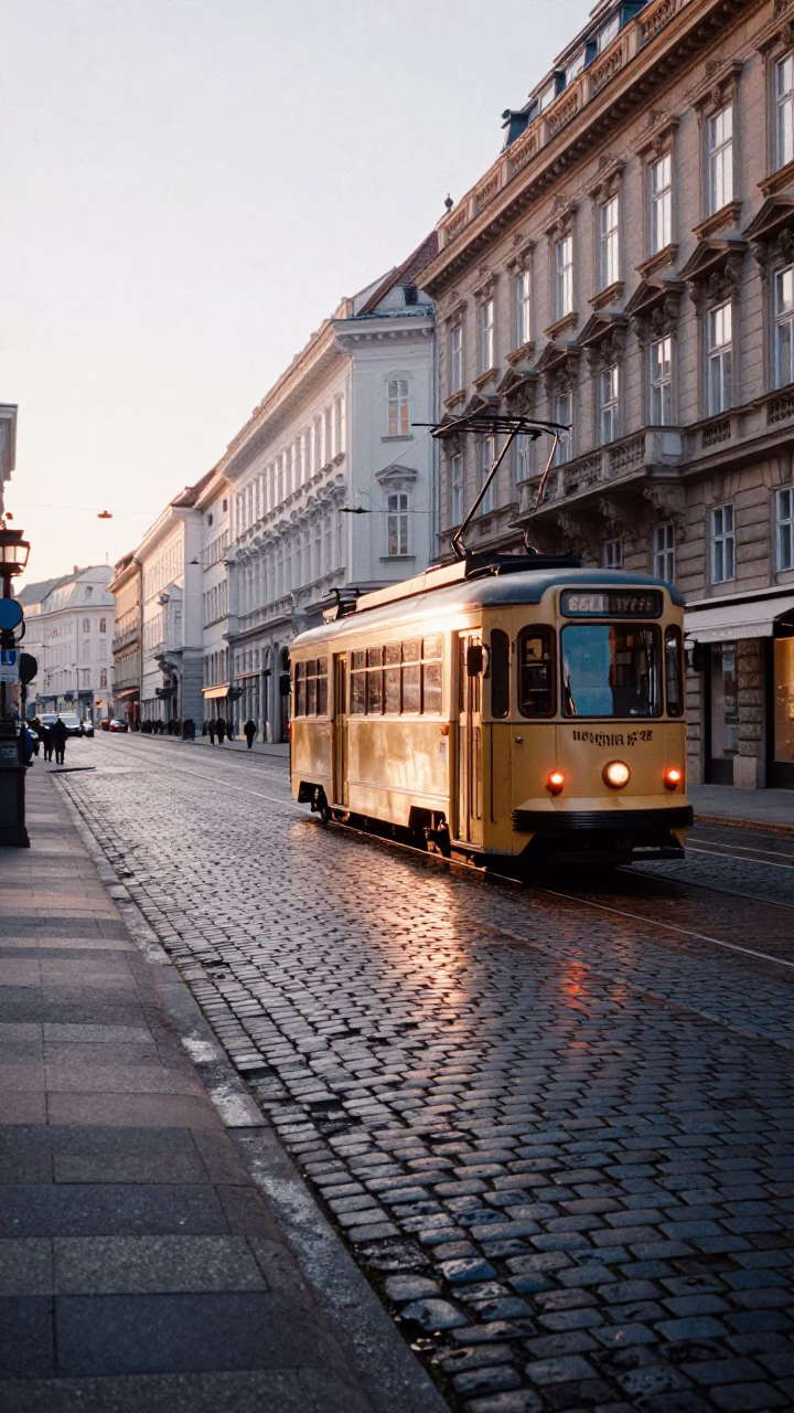 Vienna Austria Heritage Tram Cobblestone Avenue Pre-Dawn Street Scene in in Vienna, Austria