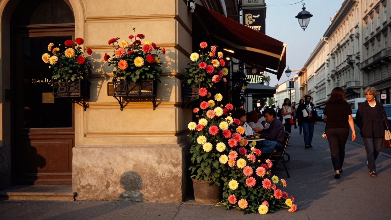 Vienna Austria honeyed evening light street scene with dahlia blooms and coffee in in Vienna, Austria