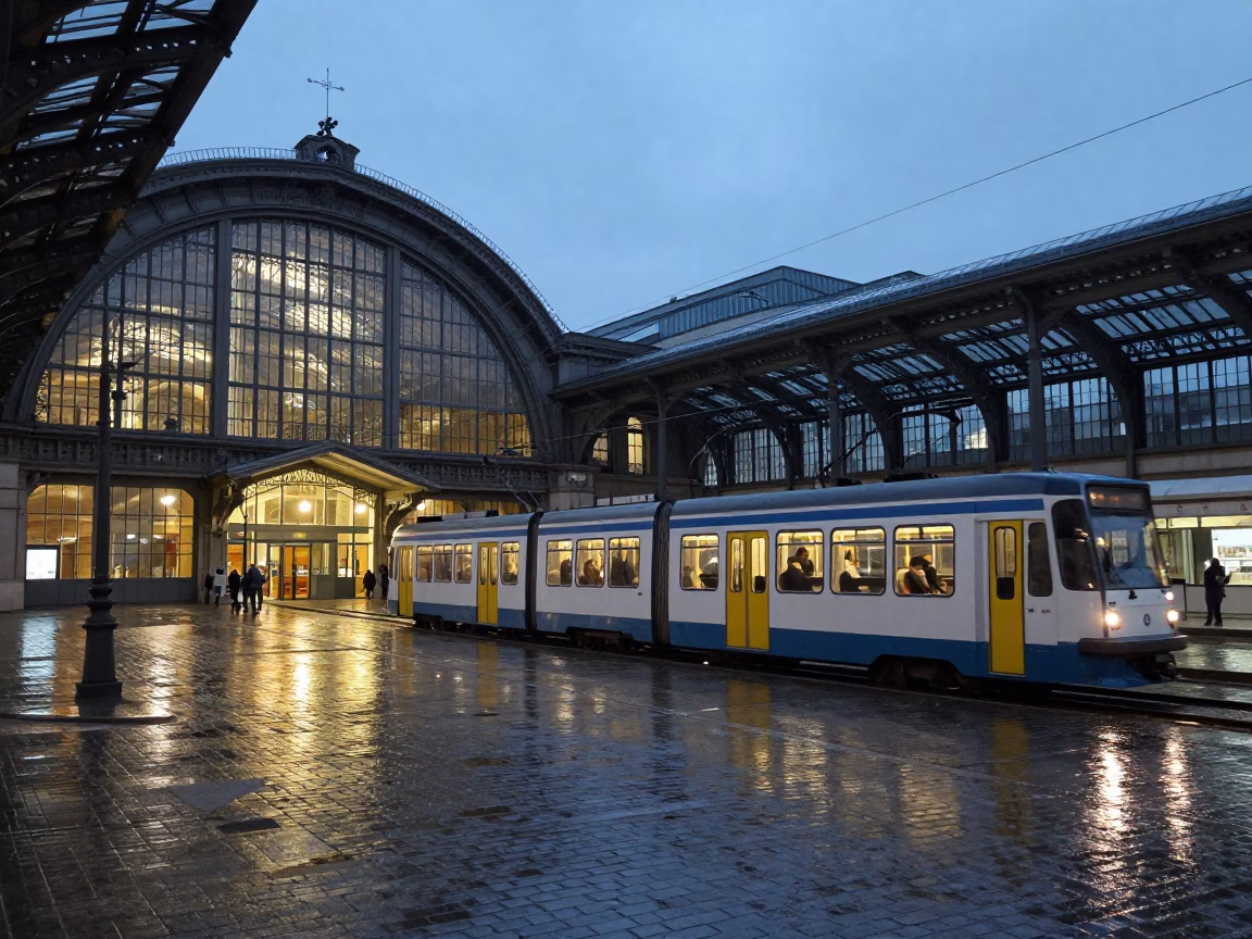 Vienna Austria indigo twilight glass steel train station arched roof heritage tram rain in in Vienna, Austria