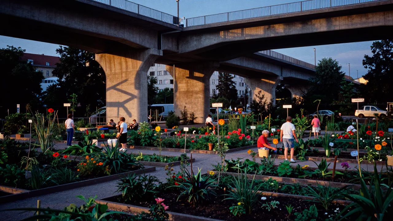 Vienna Austria Indigo Twilight Street Scene with Allotment Gardens and Viaduct Shadow in in Vienna, Austria
