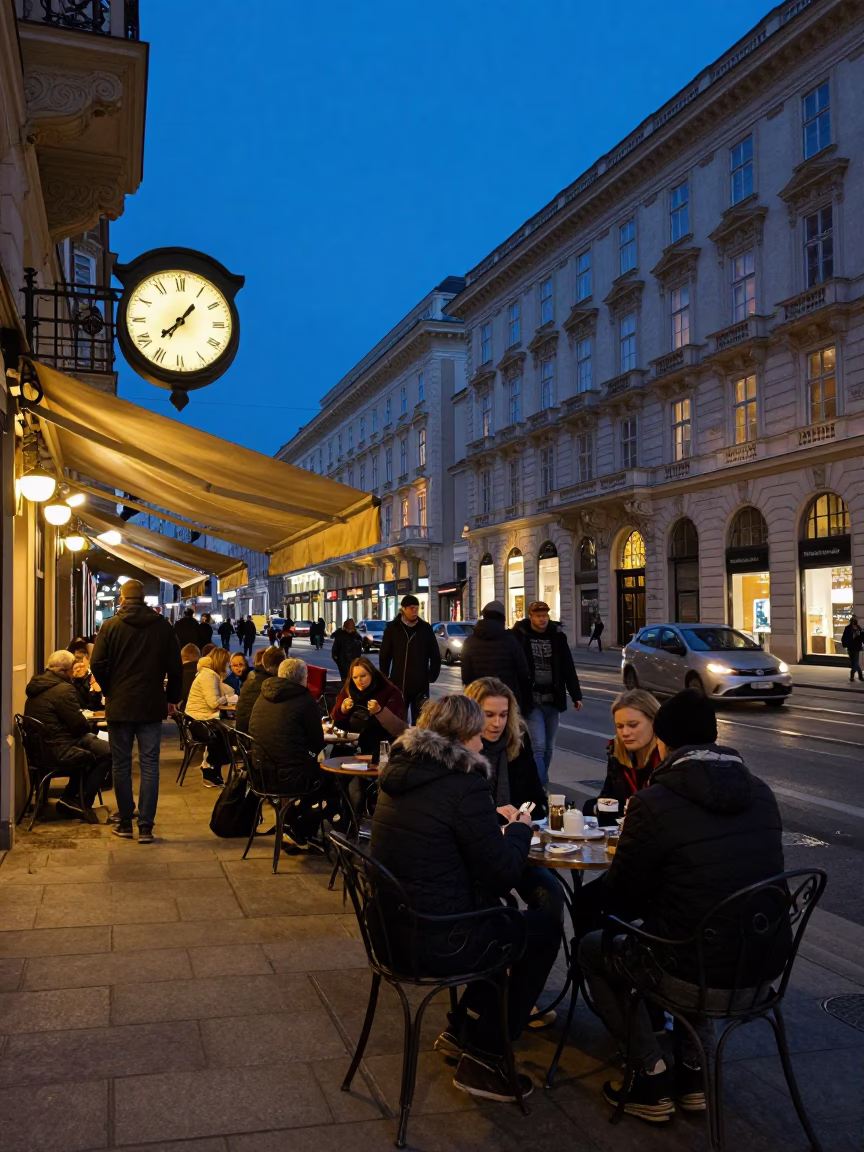 Vienna Austria Indigo Twilight Street Scene with Chess Clock and Porcelain Bowl in in Vienna, Austria