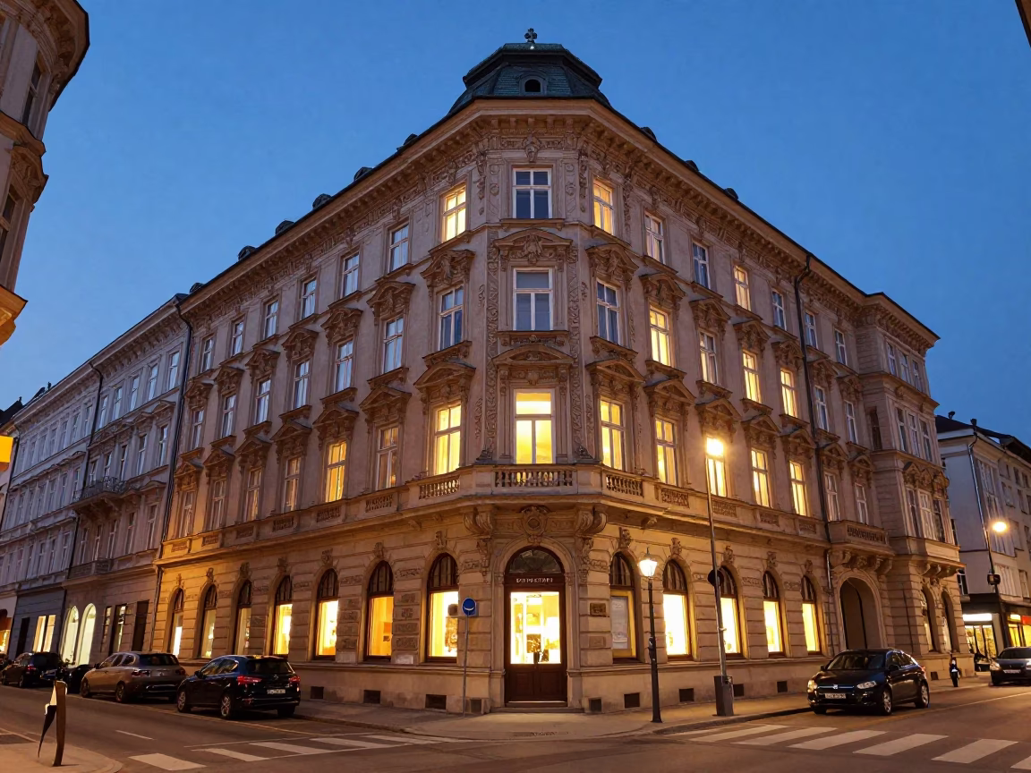 Vienna Austria Indigo Twilight Street Scene with Classic Architecture and Urban Life in in Vienna, Austria