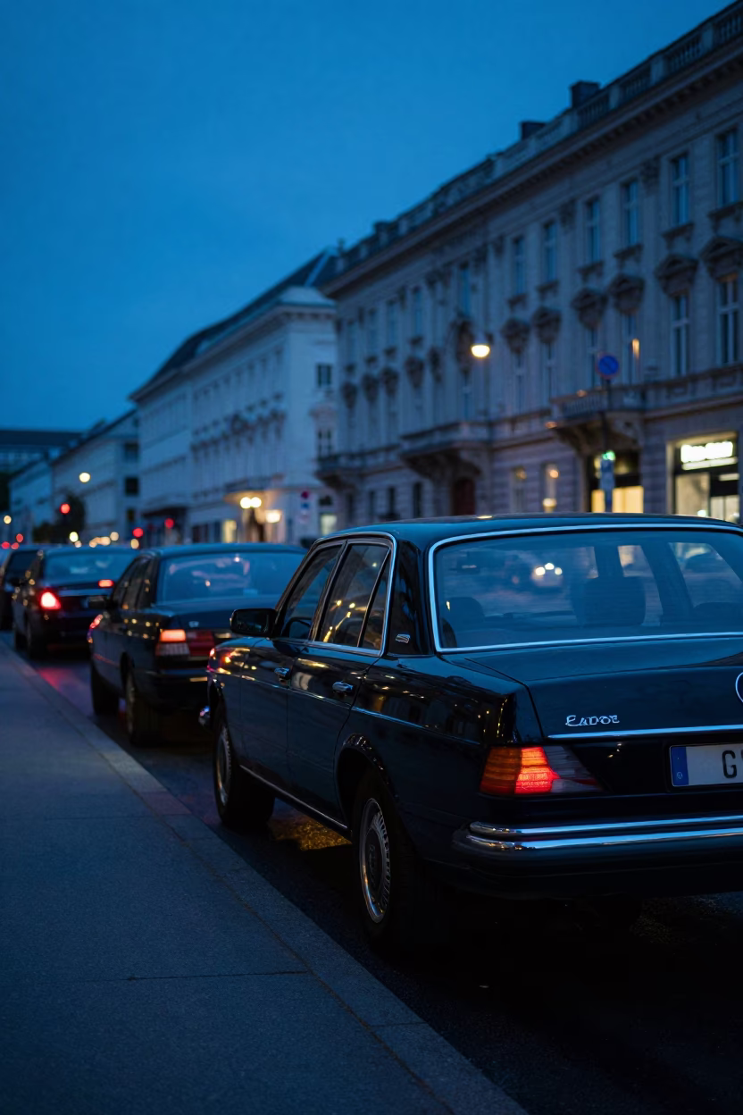 Vienna Austria Indigo Twilight Street Scene with Classic Cars and Historic Architecture in in Vienna, Austria