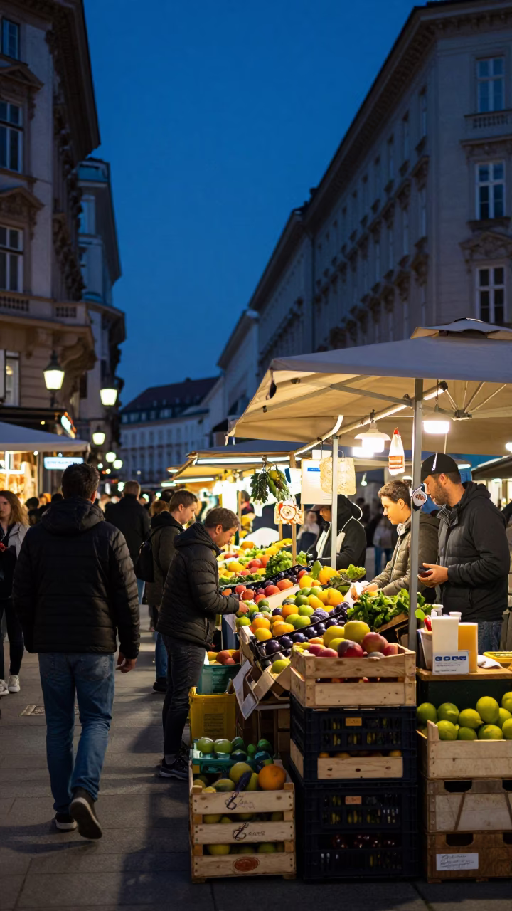 Vienna Austria Indigo Twilight Street Scene with Fruit Crates and Wool Scarves in in Vienna, Austria