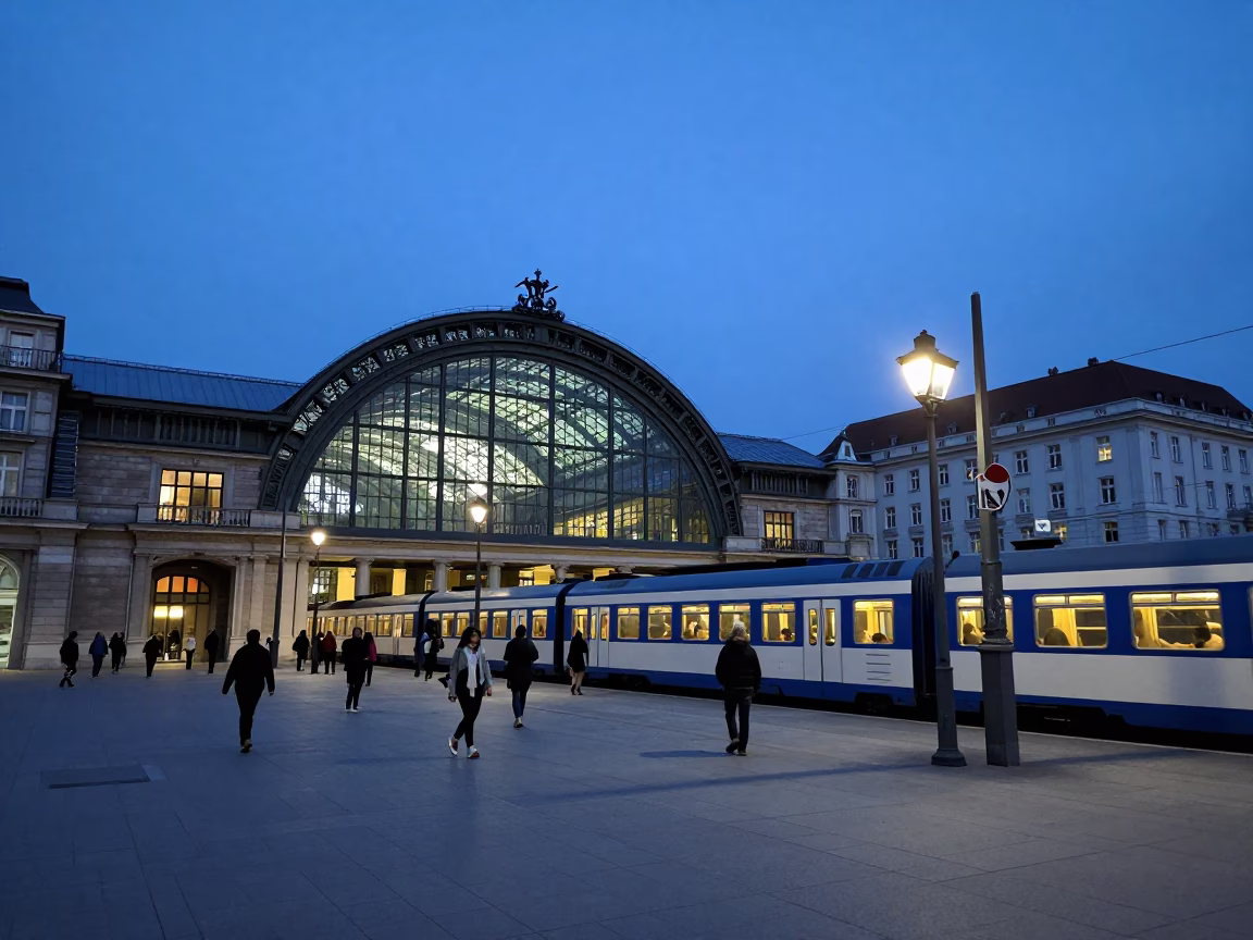 Vienna Austria Indigo Twilight Street Scene with Glass Steel Train Station and Local Life in in Vienna, Austria
