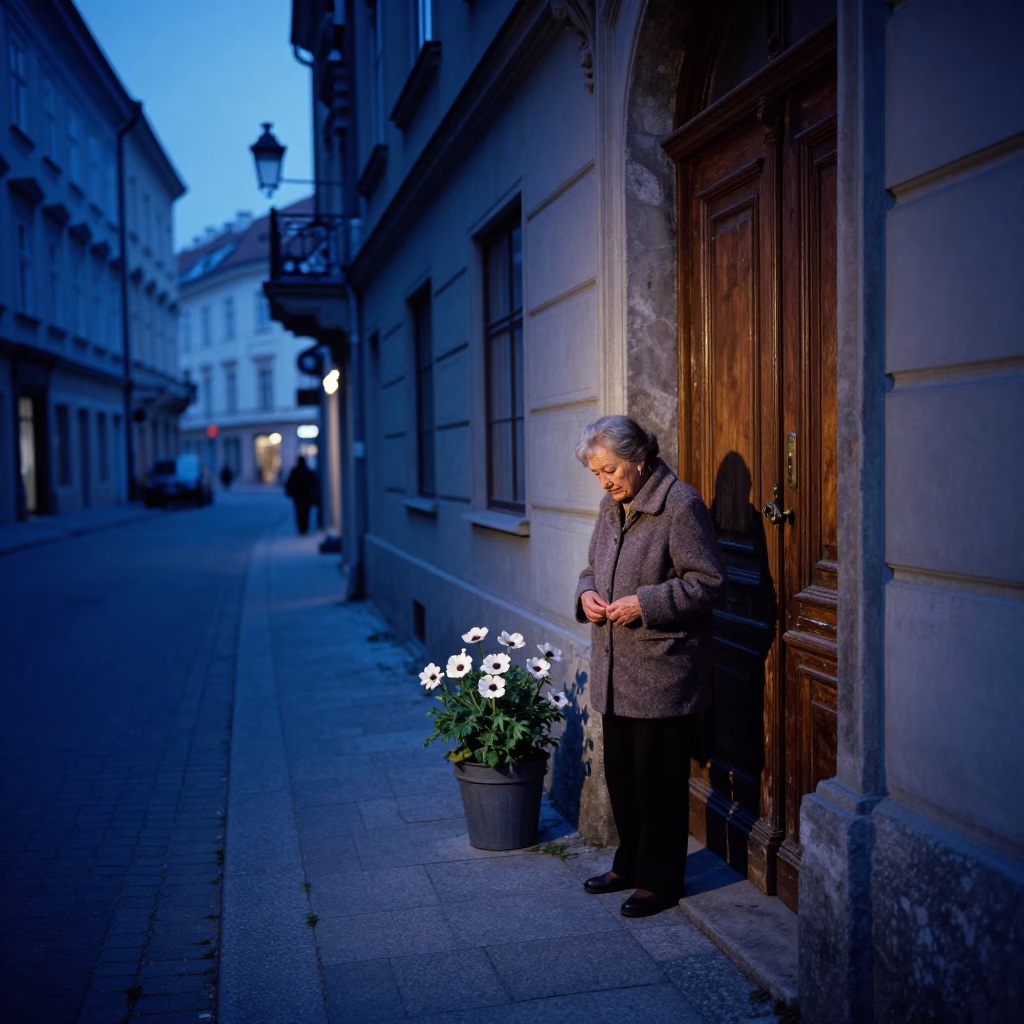 Vienna Austria indigo twilight street scene with latch and anemone in in Vienna, Austria
