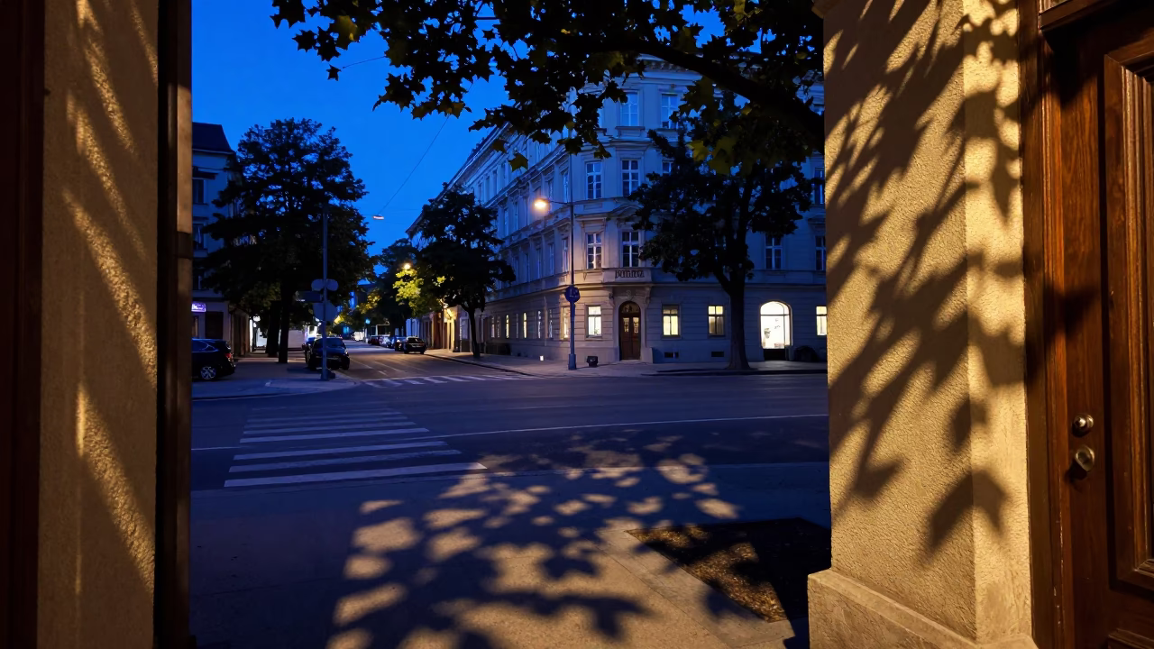 Vienna Austria indigo twilight street scene with leaf shadows on doorframe and glass tumbler in in Vienna, Austria