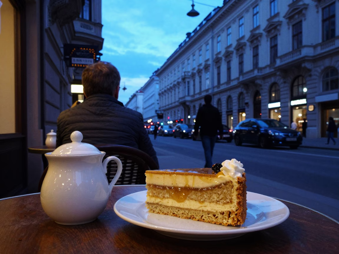 Vienna Austria Indigo Twilight Street Scene with Sacher Torte and Porcelain in in Vienna, Austria