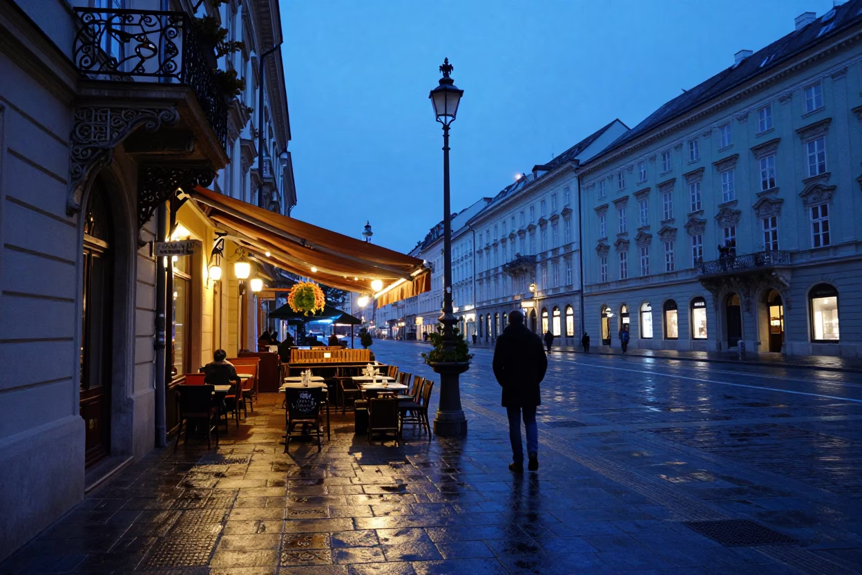 Vienna Austria Indigo Twilight Street Scene with Signet Ring Detail in in Vienna, Austria