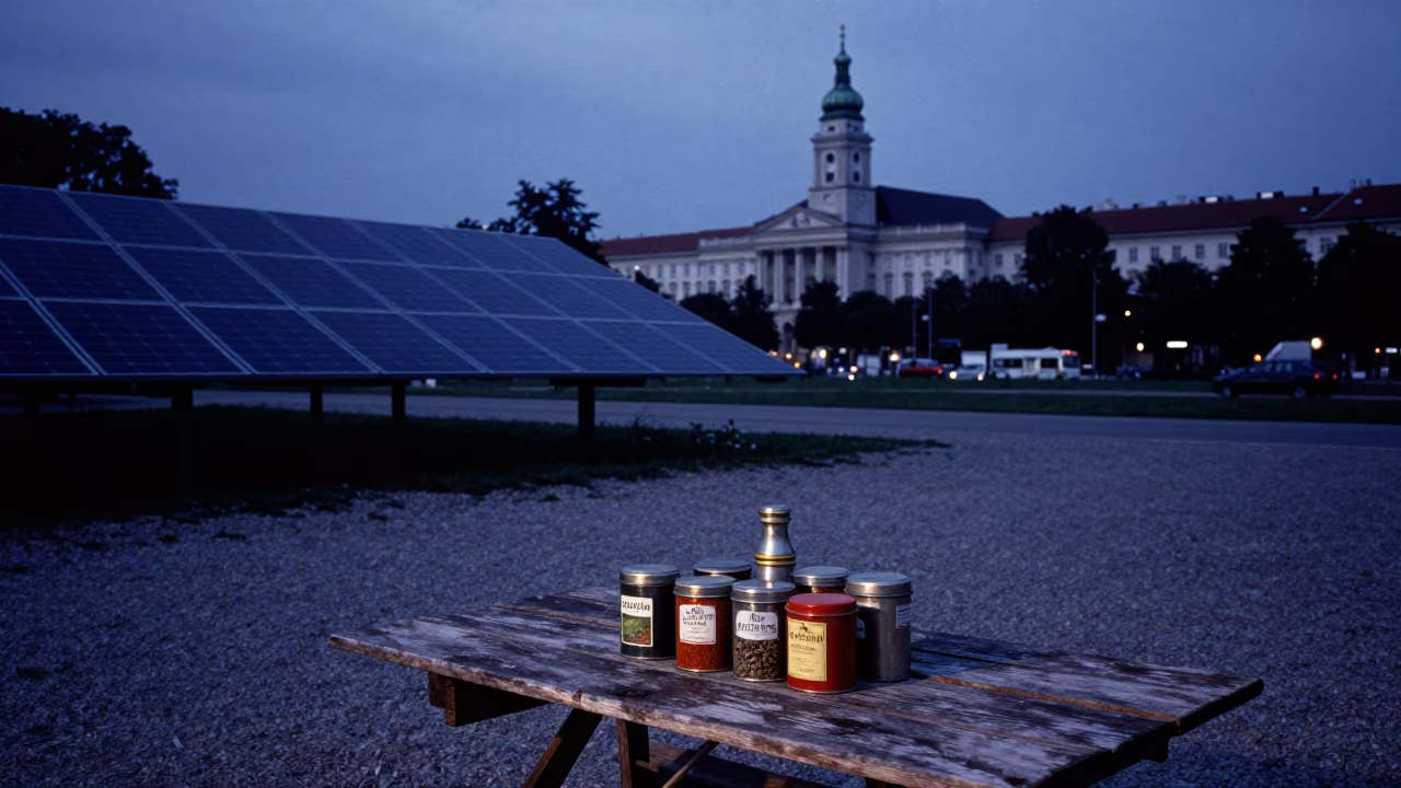 Vienna Austria Indigo Twilight Street Scene with Solar Array and Urban Details in in Vienna, Austria