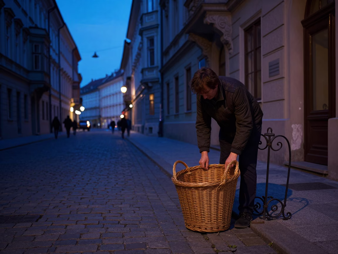 Vienna Austria Indigo Twilight Street Scene with Wicker Hamper and Funicular Climb in in Vienna, Austria