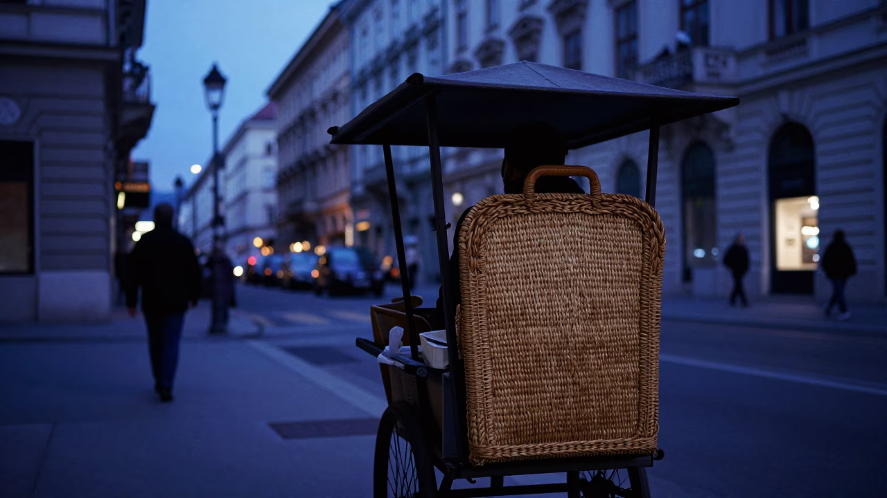 Vienna Austria Indigo Twilight Street Scene with Woven Cane and Enamel Pitcher in in Vienna, Austria