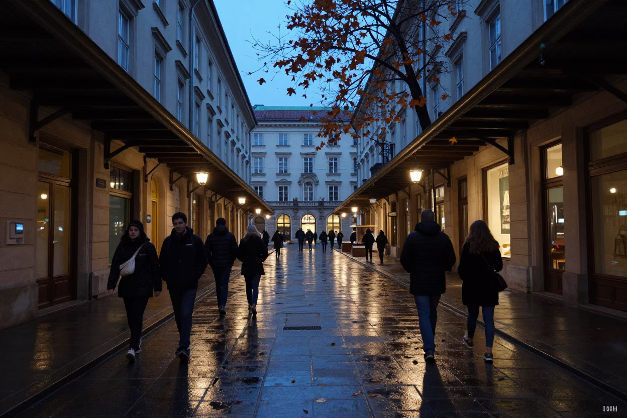 Vienna Austria Indigo Twilight University Arcade Wet Leaves Skittering Between Columns in in Vienna, Austria