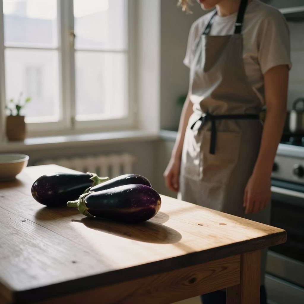 Vienna Austria Late Afternoon Kitchen Scene with Eggplants and Apron in in Vienna, Austria