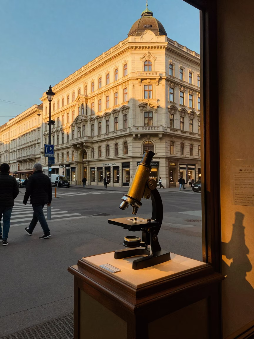 Vienna Austria Late Afternoon Street Scene with Antique Microscope Display and City Architecture in in Vienna, Austria