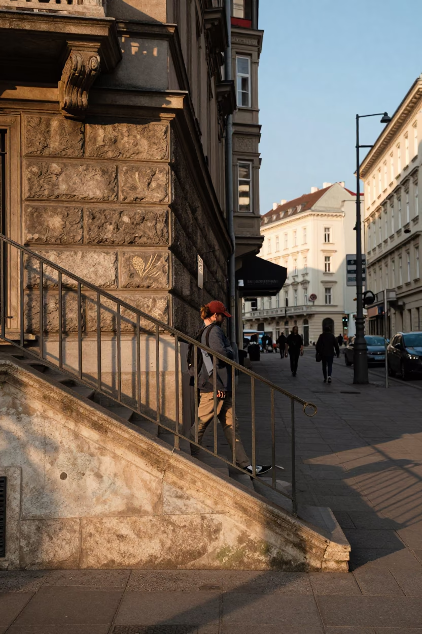 Vienna Austria Late Afternoon Street Scene With Stair Rail And Urban Architecture in in Vienna, Austria