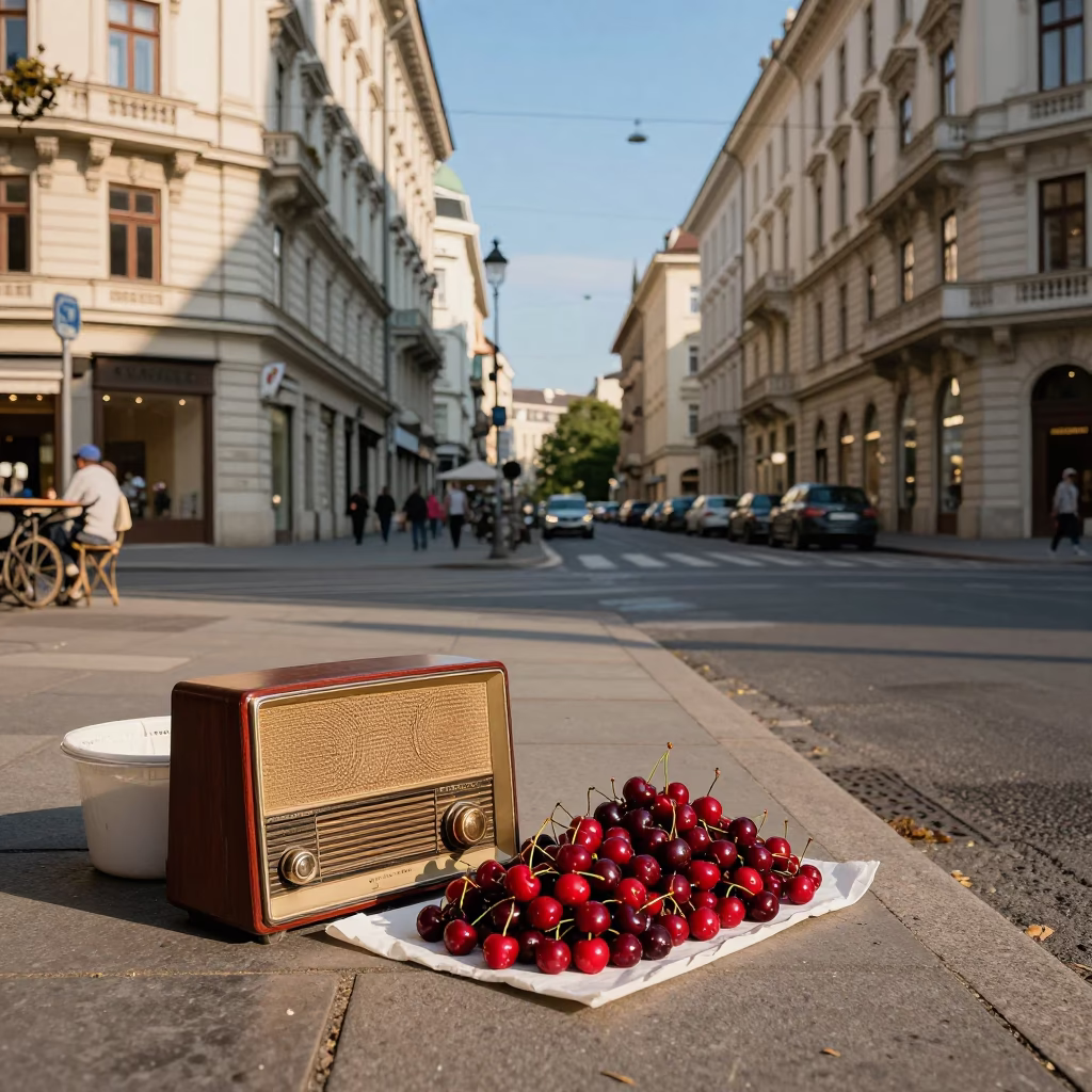 Vienna Austria Late Afternoon Street Scene with Vintage Radio and Cherries on Wooden Counter in in Vienna, Austria
