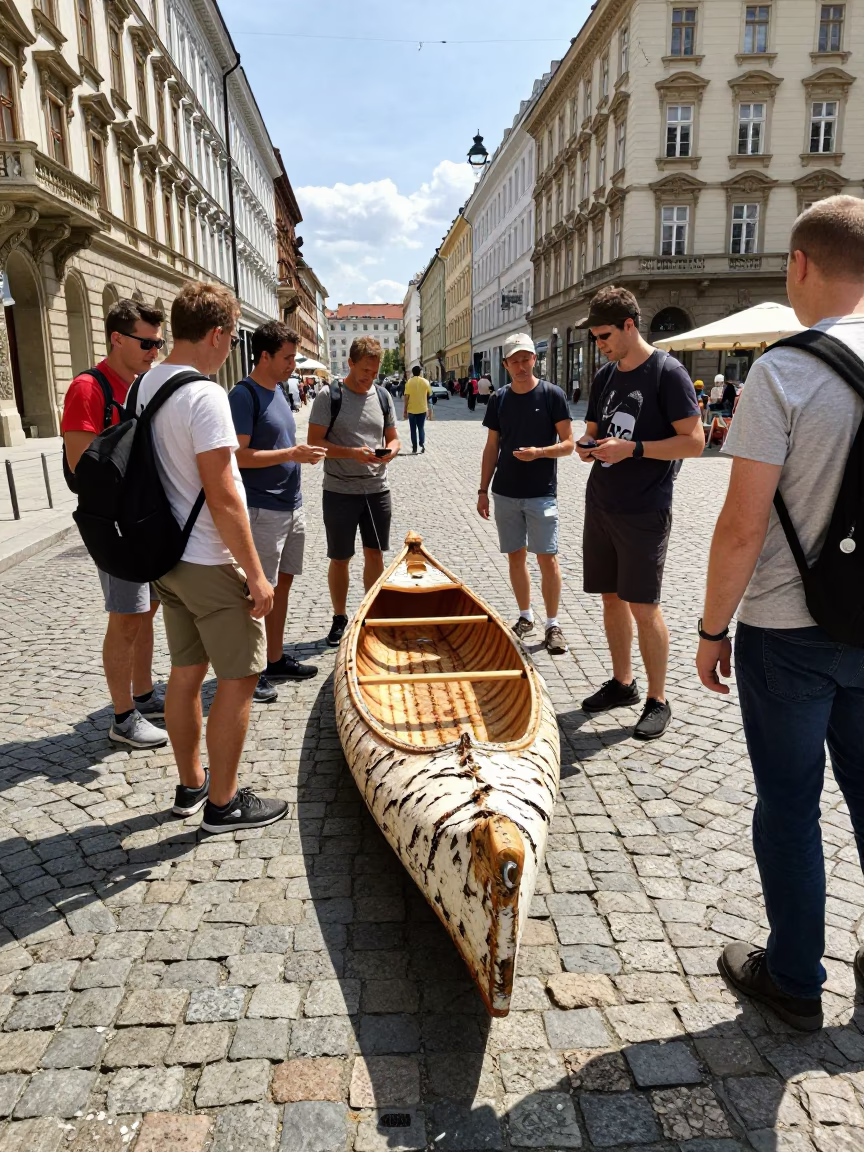 Vienna Austria Midday Street Scene with Birch Bark Canoe Prop and Picnic Blanket in in Vienna, Austria