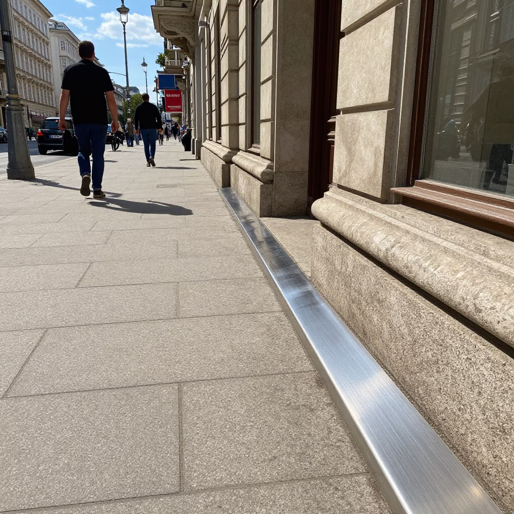 Vienna Austria Midday Street Scene with Brushed Steel Sill Edge and Urban Life in in Vienna, Austria
