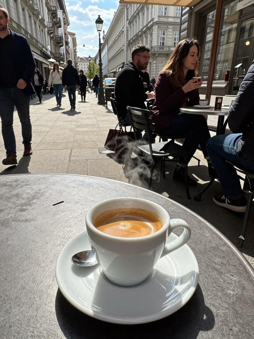 Vienna Austria Midday Street Scene with Espresso Cup and Condensation on Bottle Neck in in Vienna, Austria