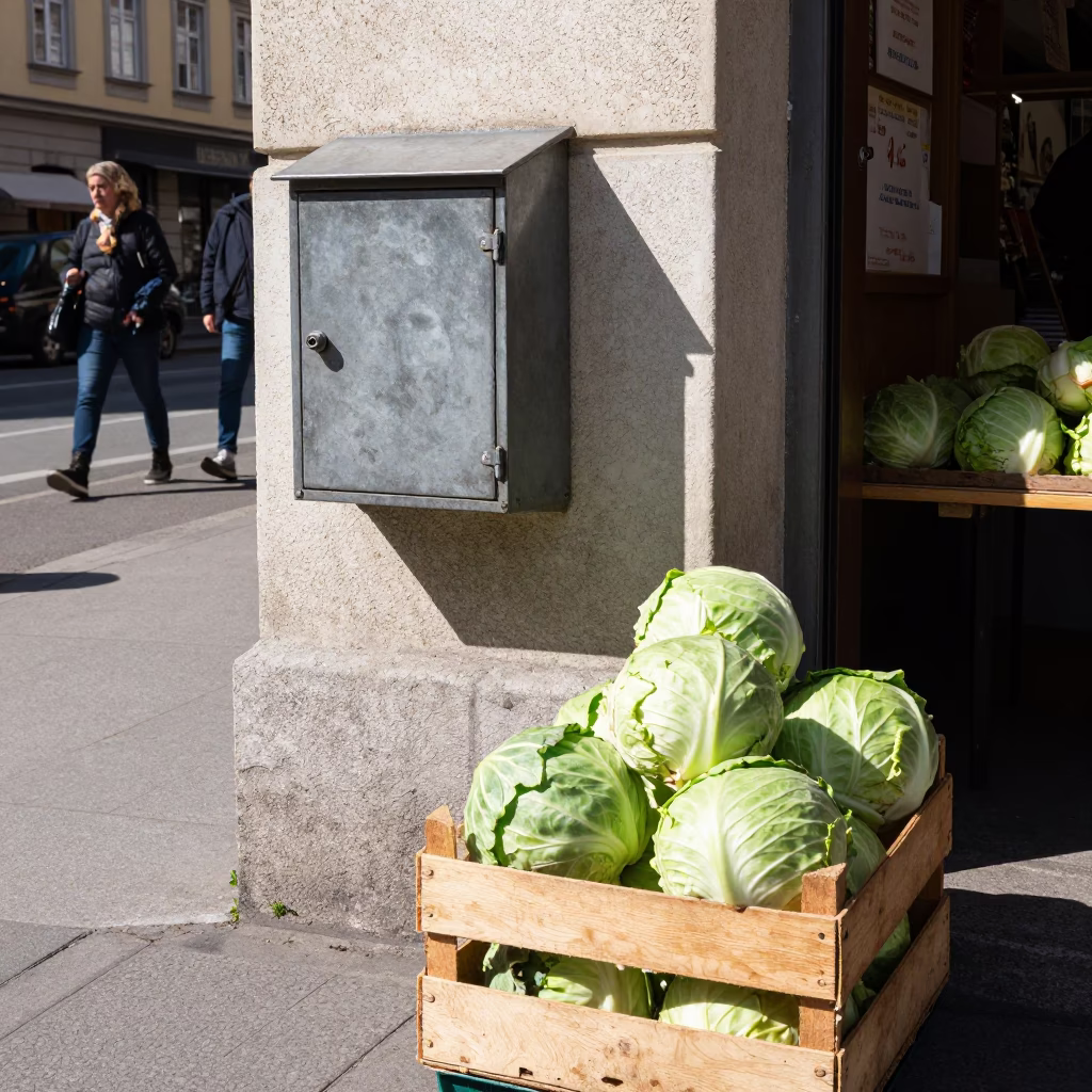 Vienna Austria Midday Street Scene with Lockbox and Cabbages in in Vienna, Austria