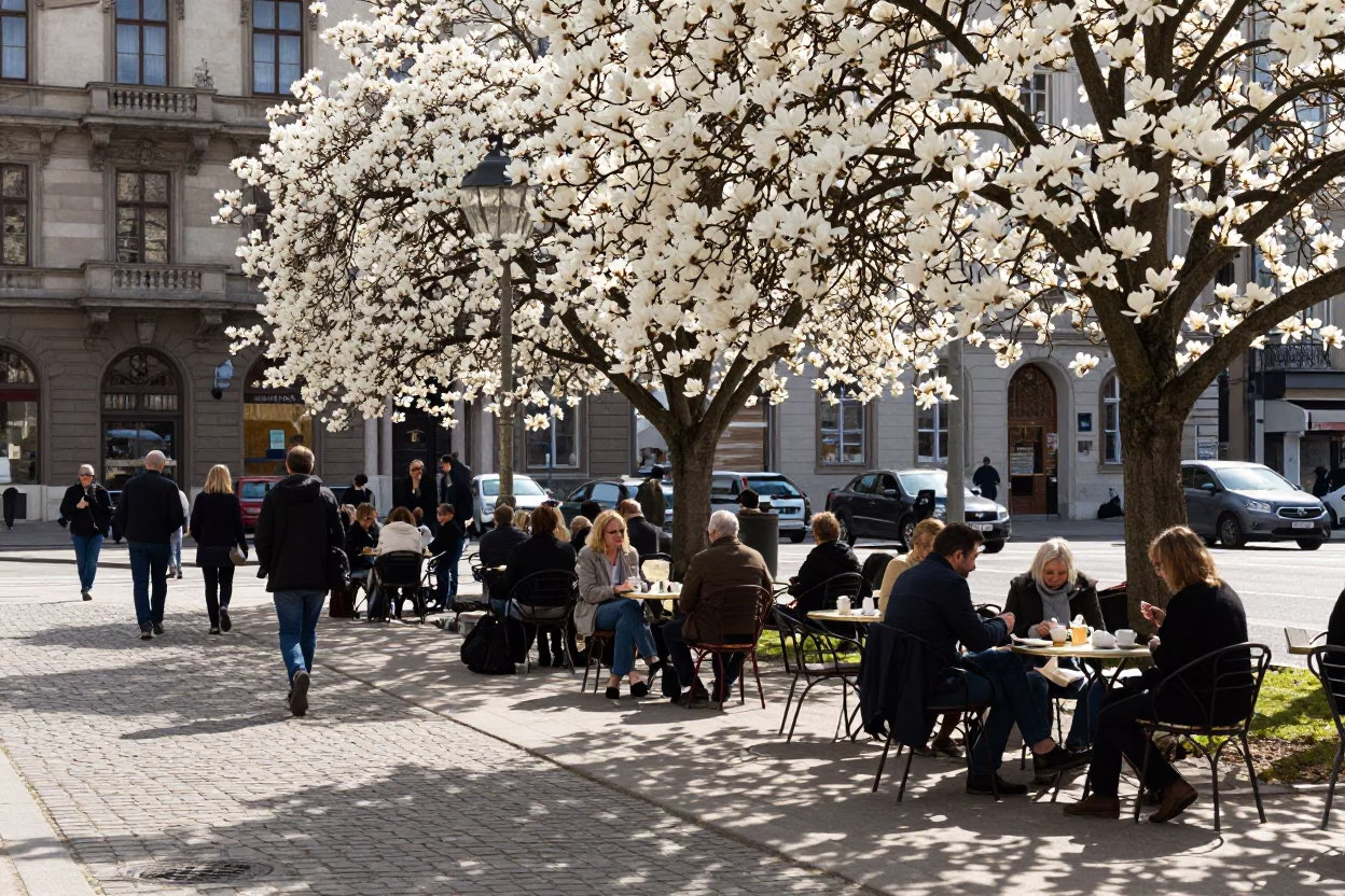 Vienna Austria midday street scene with magnolia tree bloom and bustling cafe culture in in Vienna, Austria
