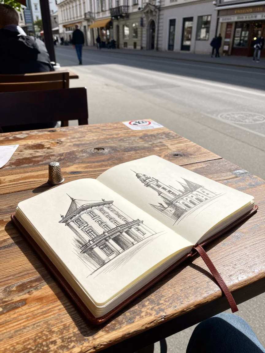 Vienna Austria Midday Street Scene with Sketchbook and Thimble on Cafe Table in in Vienna, Austria