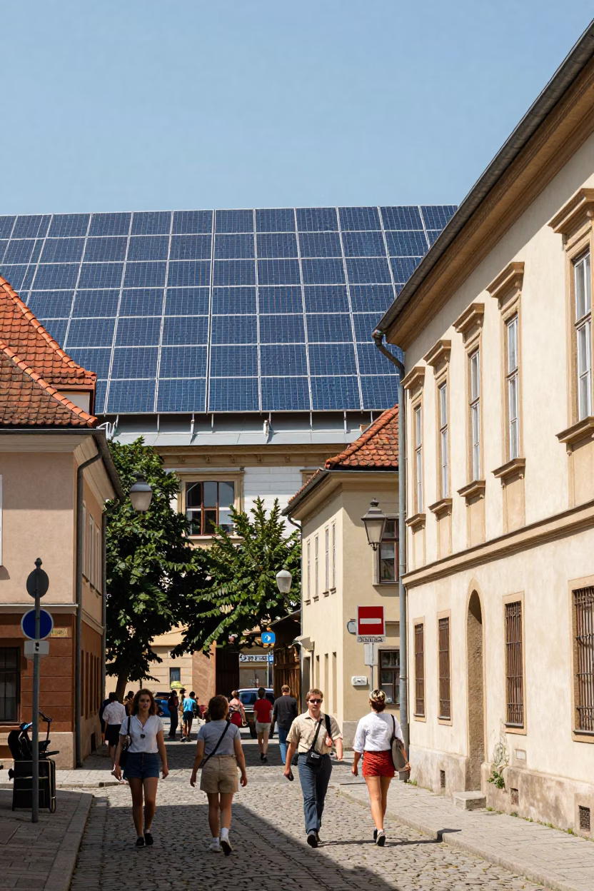 Vienna Austria Midday Street Scene with Solar Array and Urban Details in in Vienna, Austria