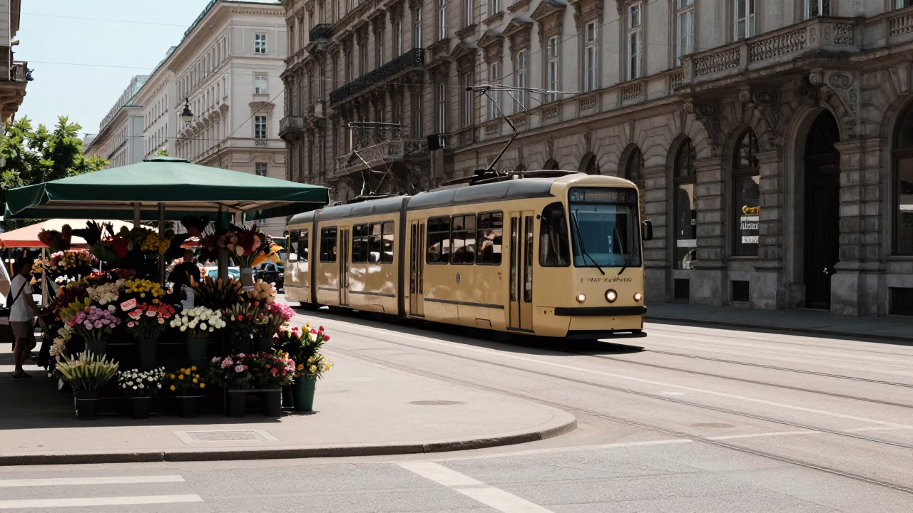 Vienna Austria Midday Street Scene with Tram and Flower Market Stop Details in in Vienna, Austria