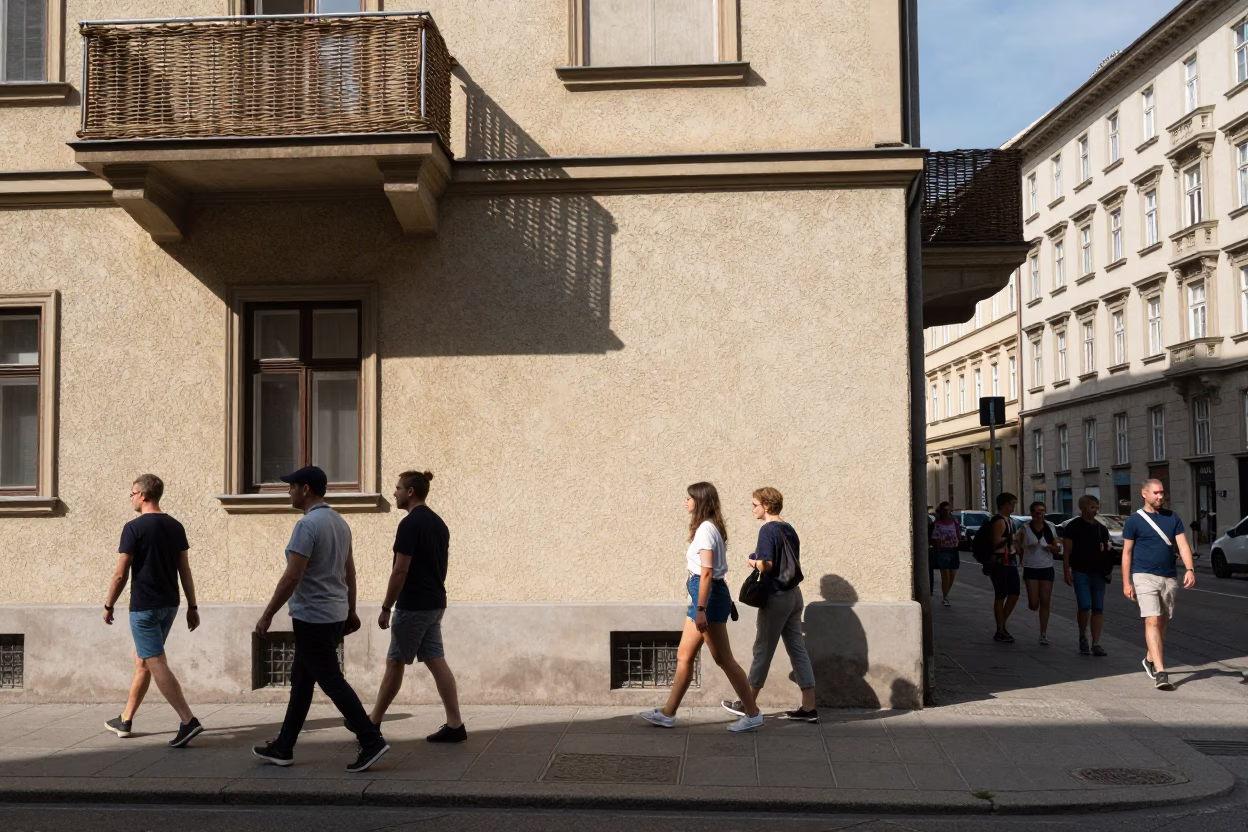 Vienna Austria Midday Street Scene with Wicker Shadow and Urban Detail in in Vienna, Austria