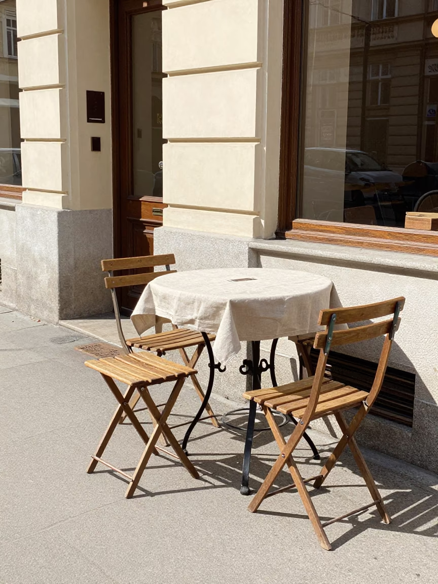 Vienna Austria midmorning street scene with folding stools and linen runner on cafe table in in Vienna, Austria