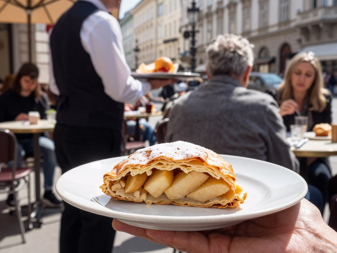 Vienna Austria Midmorning Street Scene with Plate of Apple Strudel and Cream in in Vienna, Austria