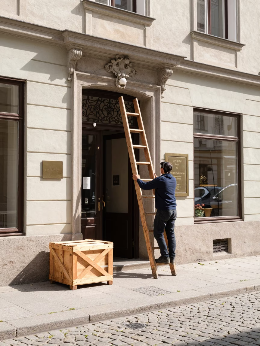 Vienna Austria Midmorning Street Scene with Wooden Ladder and Crate in in Vienna, Austria