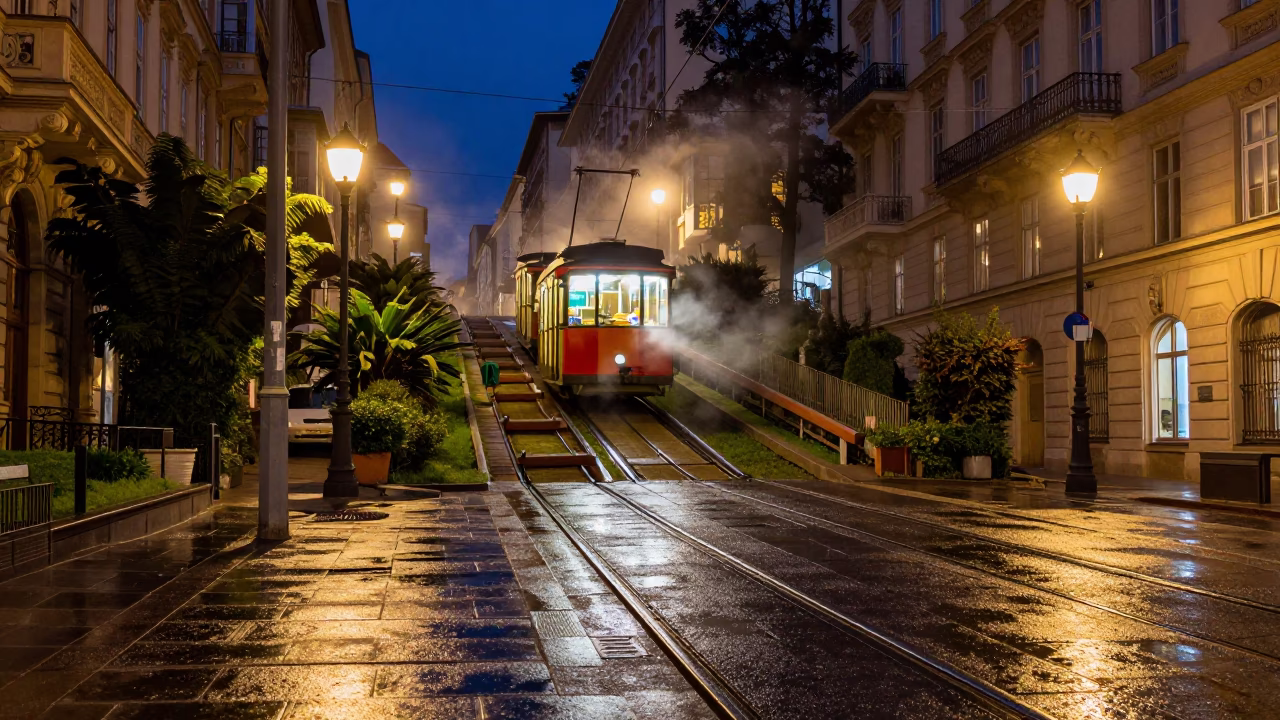 Vienna Austria Midnight Street Scene with Funicular Railway and Condensation on Metal Rail in in Vienna, Austria