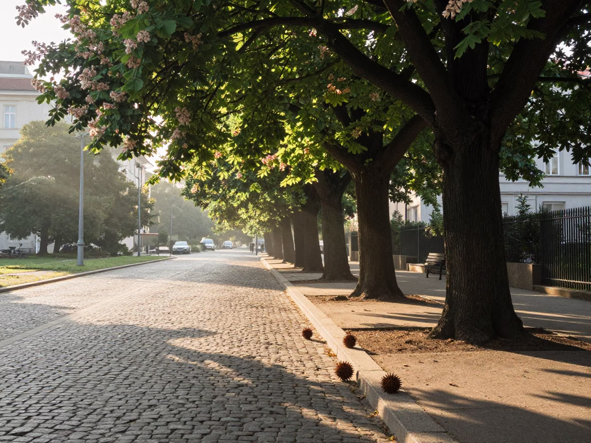Vienna Austria Morning Light on Cobblestone Street with Chestnut Tree Husks and Enamel Bowls in in Vienna, Austria