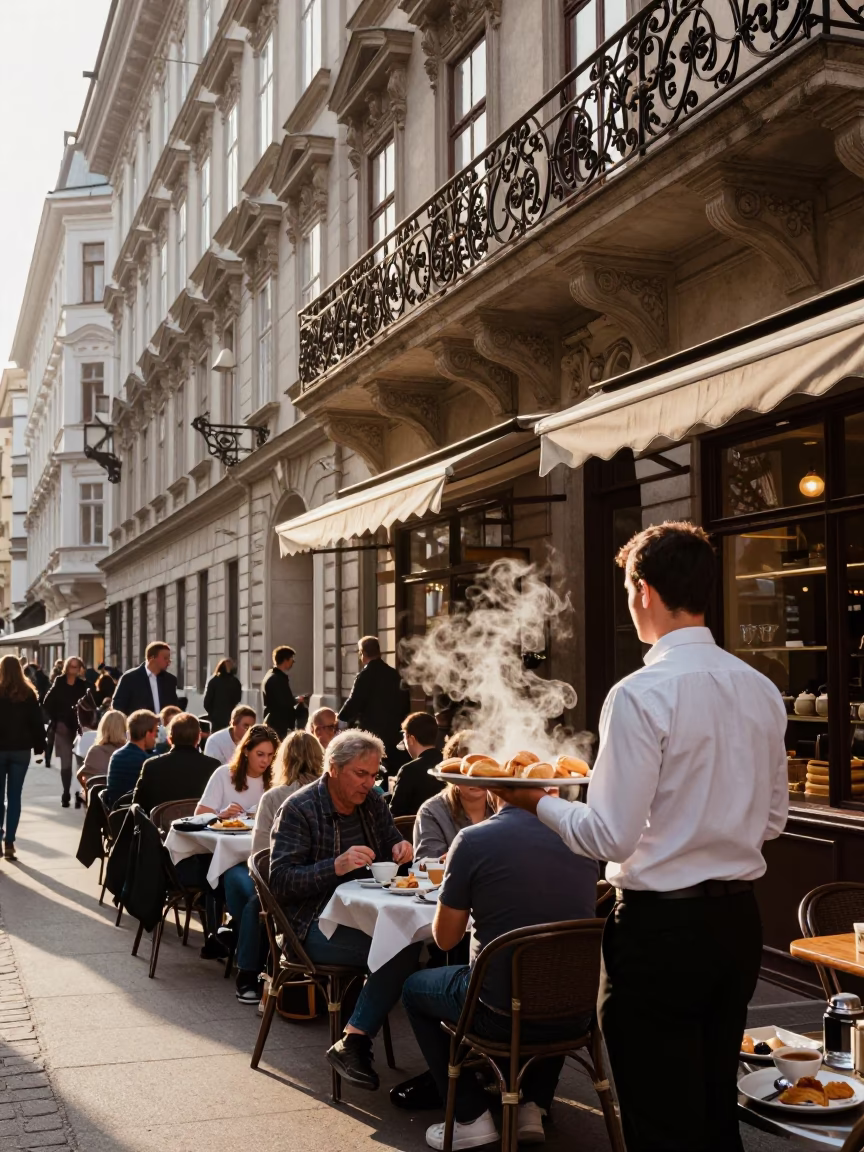 Vienna Austria Morning Light Street Scene with Traditional Bakery Goods and Local Interaction in in Vienna, Austria