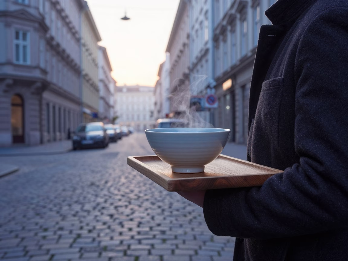 Vienna Austria Morning Street Scene Before Sunrise with Ceramic Bowl and Persimmons in in Vienna, Austria