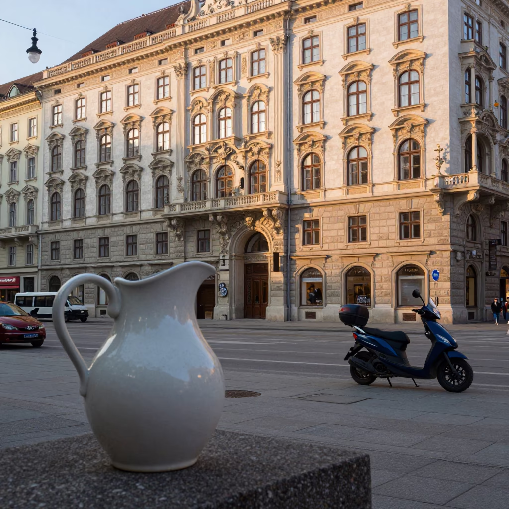 Vienna Austria Morning Street Scene with Ceramic Pitcher and Scooter in in Vienna, Austria