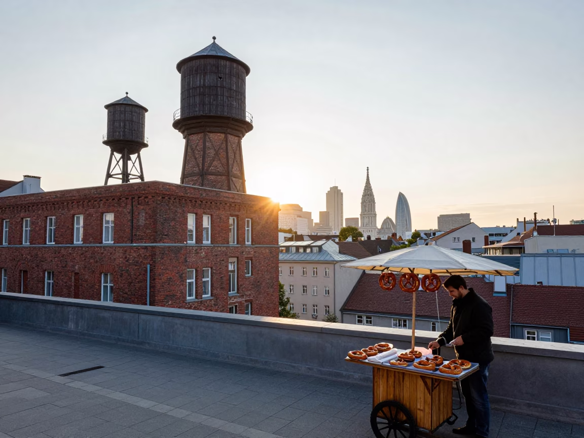 Vienna Austria Morning Street Scene with Water Tower and Rooftop Details After Sunrise in in Vienna, Austria