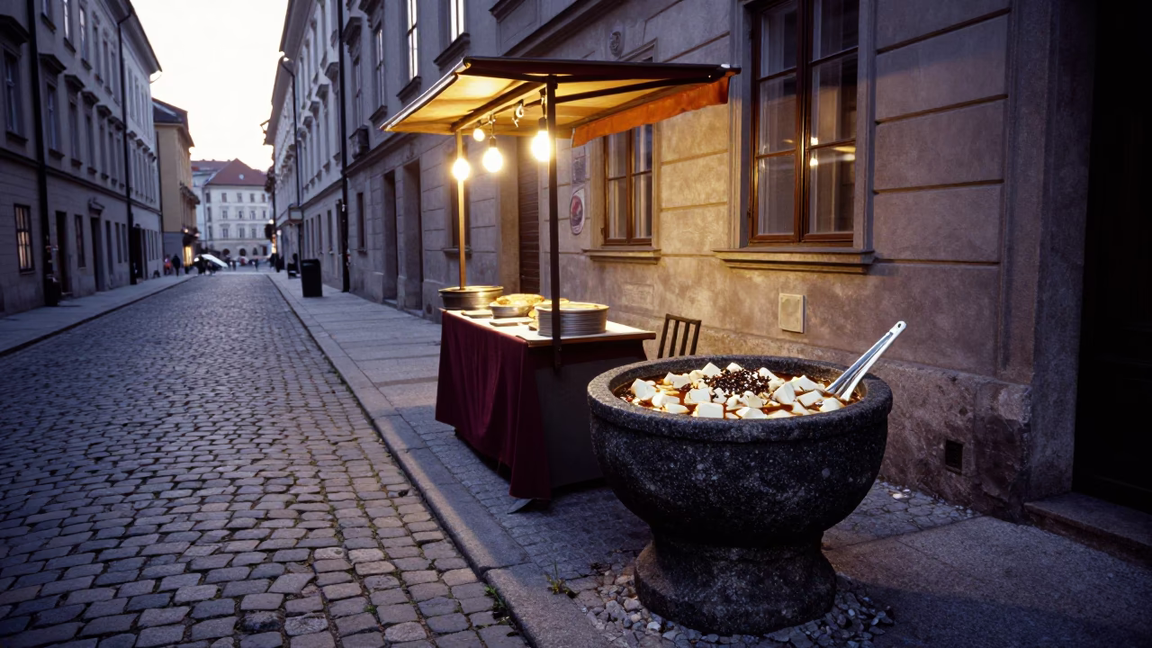 Vienna Austria Nautical Dawn Cobblestone Street Scene with Stone Pot and Echeveria in in Vienna, Austria