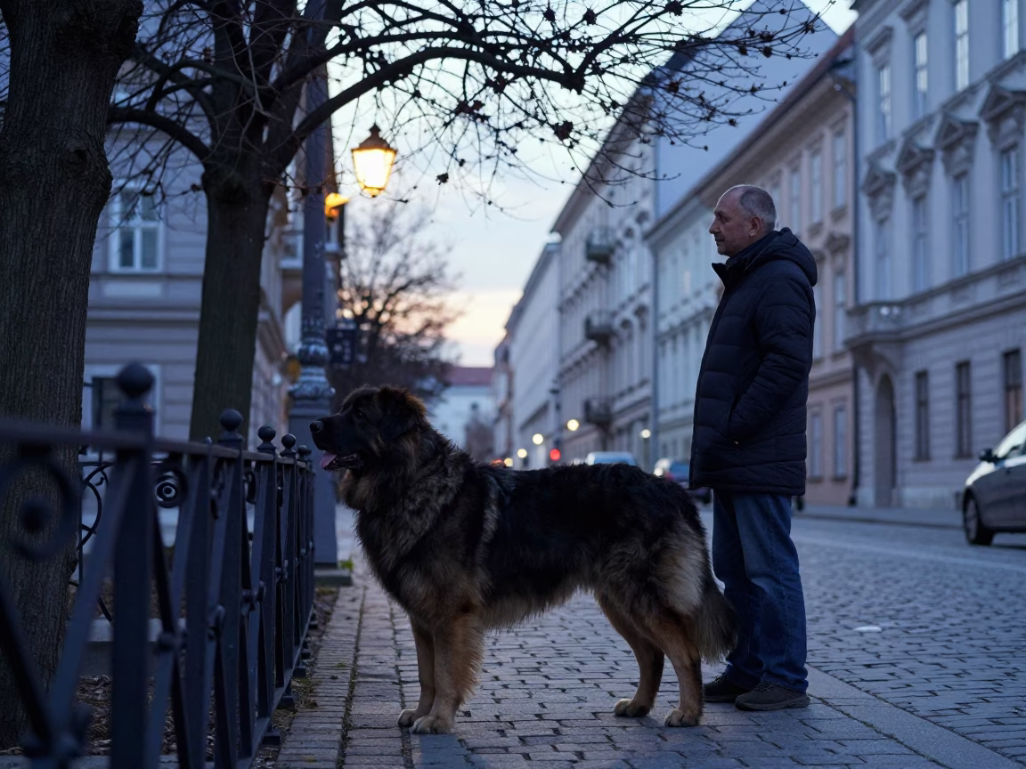 Vienna Austria Nautical Dawn Street Scene with Bouvier des Ardennes Dog and Leaf Shadows in in Vienna, Austria