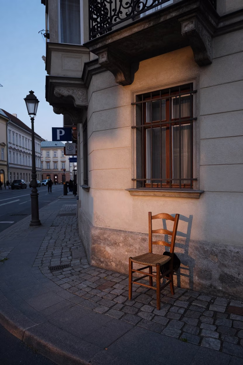 Vienna Austria Nautical Dawn Street Scene with Ladder Back Chair and Telescope in in Vienna, Austria