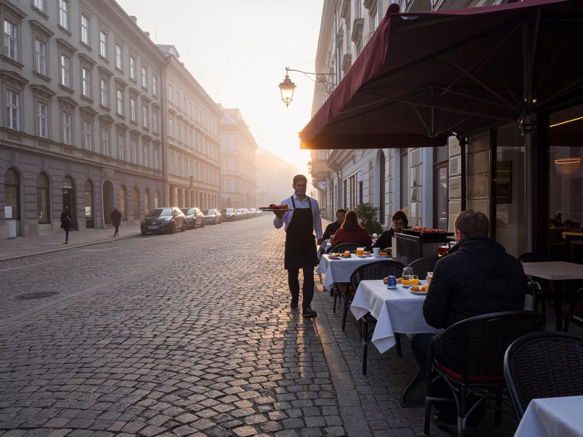 Vienna Austria Nautical Dawn Street Scene with Local Breakfast and Traditional Architecture in in Vienna, Austria