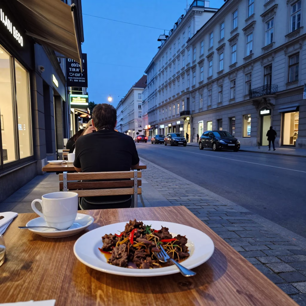 Vienna Austria Nautical Dawn Street Scene with Local Breakfast Items in in Vienna, Austria